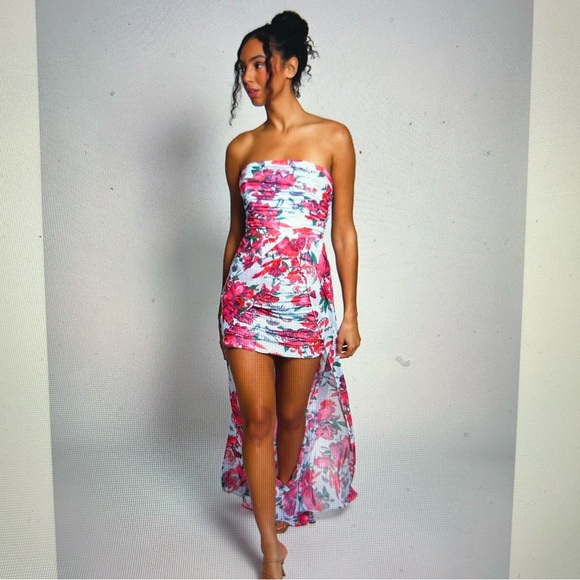 NWT Hutch Strapless Ruched Dress in Pink and Blue Floral with Gorgeous Overskirt - Picture 3 of 9